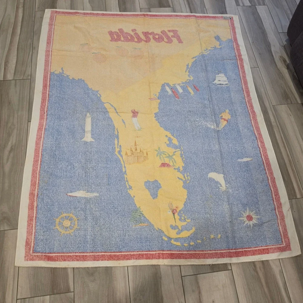 Vintage Kel-Tex Karsten Florida Souvenir Beach Towel Map Graphic Cotton Brazil